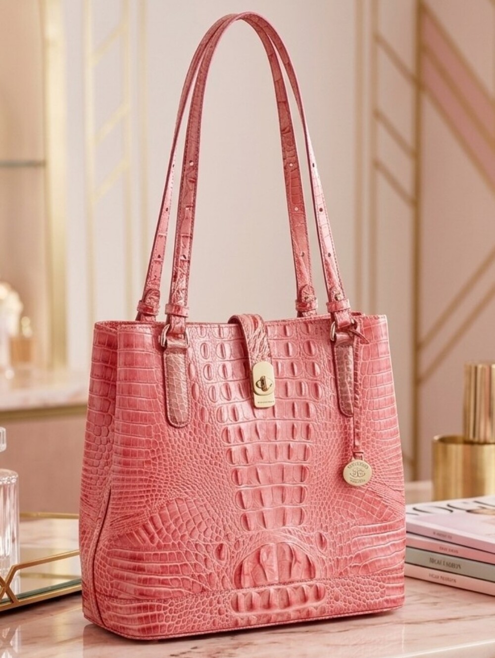 Brahmin Fiora Croc-Embossed Pink Bucket Bag - Picture 15 of 15